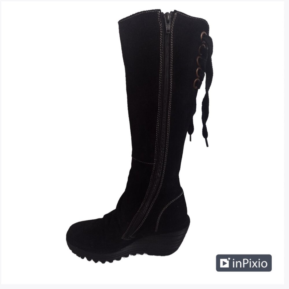 Fly London Yust Wedge Boots Knee-High Black Back Lace-Up Size 36 (5.5-6 US)